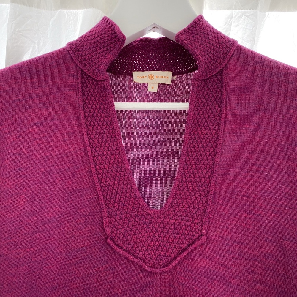 TORY BURCH LIZZIE MAGENTA DARK PURPLE MERINO WOOL KNIT TUNIC SWEATER - Picture 4 of 9